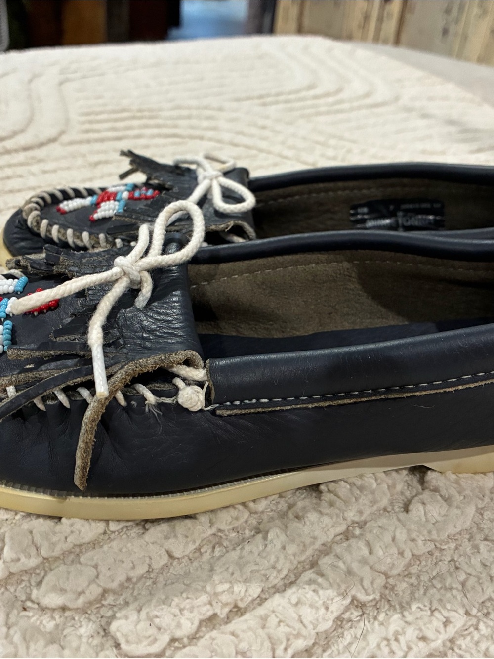 Minnetonka Navy Leather Beaded Moccasins with Contrast Laces